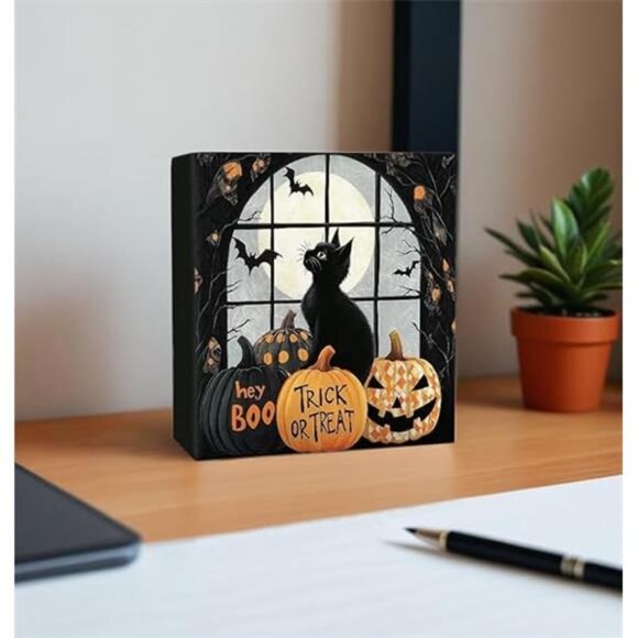 Halloween Signs, Halloween Black Cat Wooden Box Sign, Black Cat Halloween - Picture 5 of 6